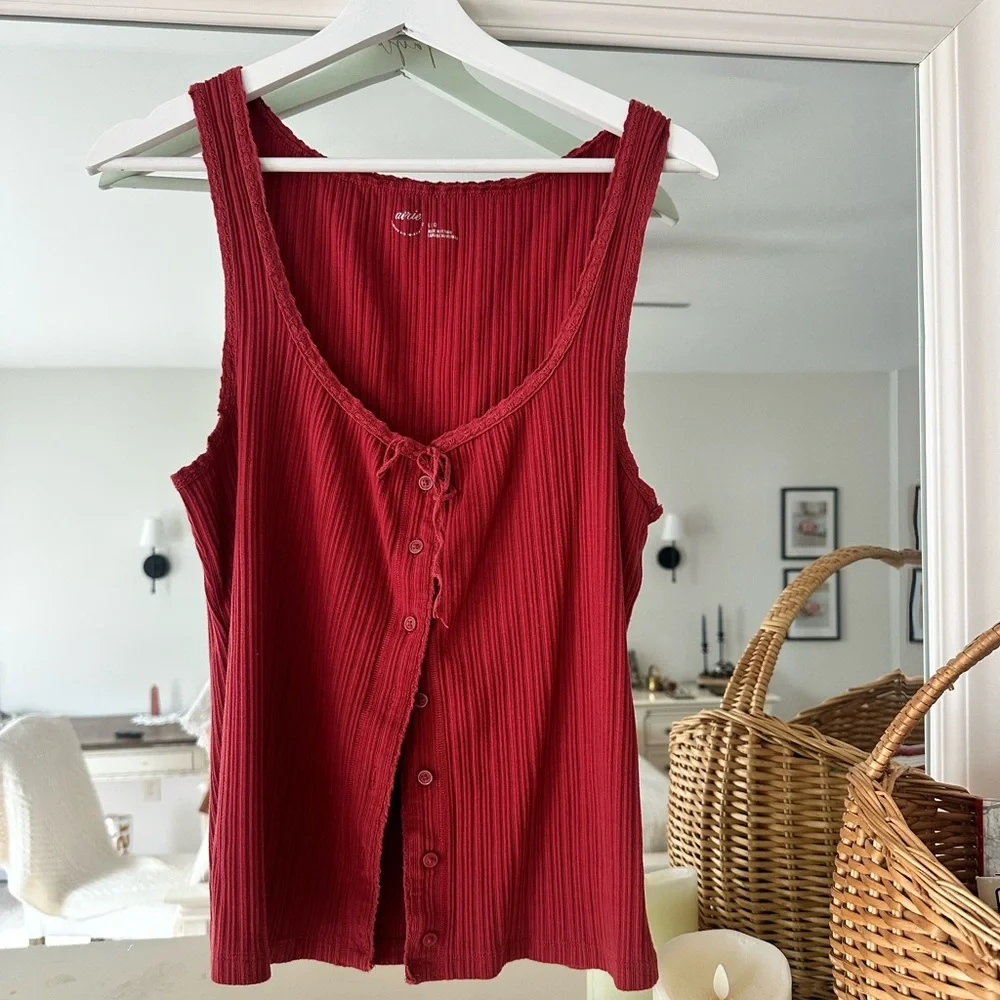 aerie Ribbed Button-Front Red Tank with Tie Neck - Picture 1 of 5